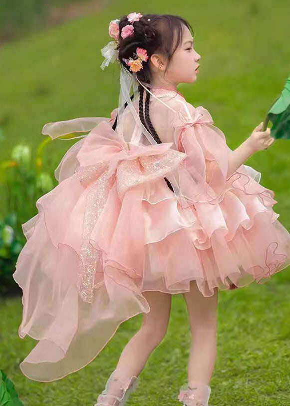 Robes longues d'été pour enfants, maxi patchwork, tulle rose, pompons mignons