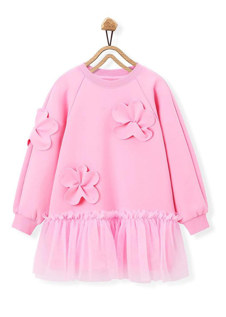 Jolie robe longue rose à volants en tulle à motif floral pour filles, tenue de vacances, printemps YE017