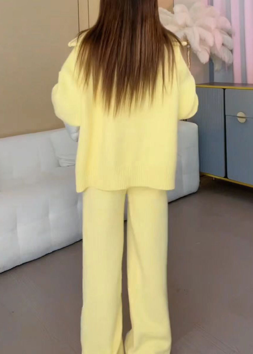 Ensemble deux pièces en tricot de coton jaune à fermeture éclair et pantalon large pour l'hiver RF029