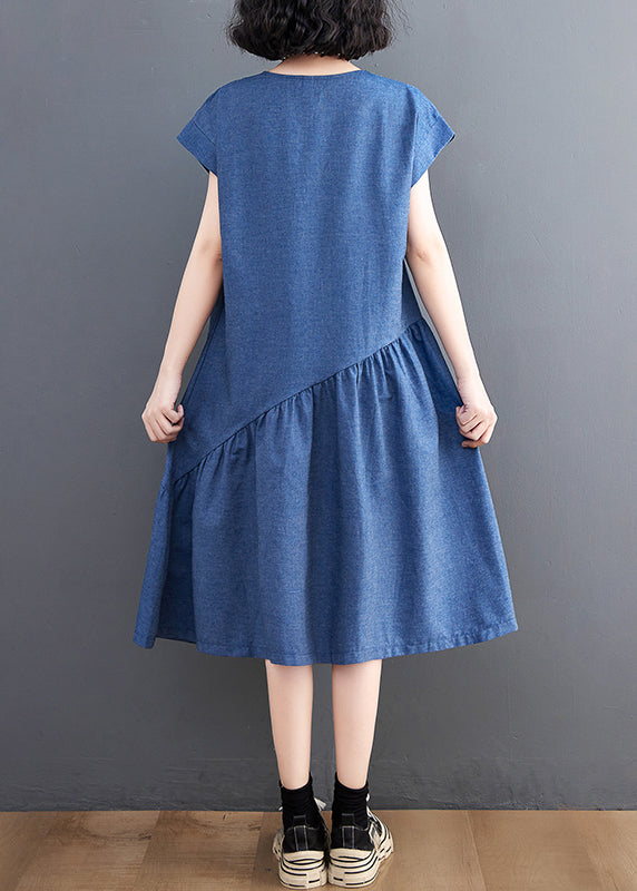 Patchwork Asymmetrical DIY Summer Dress Denim Holiday Navy