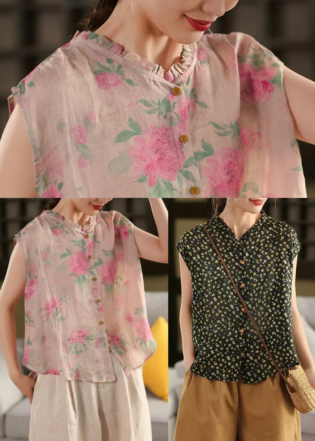 Sleeveless Ruffled Linen Print DIY Tops Pink