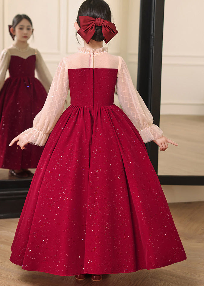 DIY Rot Stehkragen Patchwork Faltig Tüll Mädchen Langes Kleid Herbst RP030