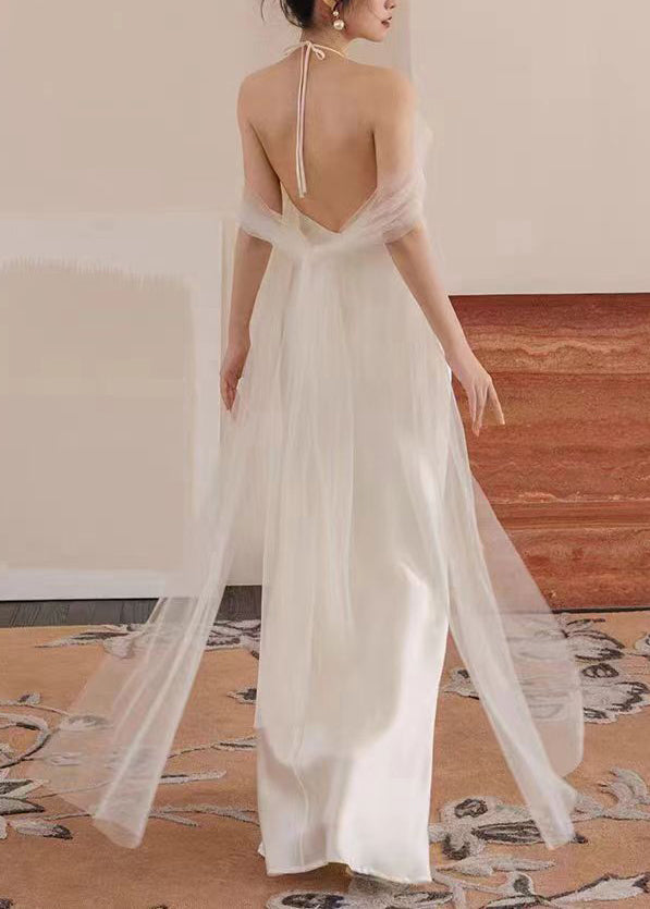 Robe longue blanche en tulle à col en V et patchwork sans manches ZL057
