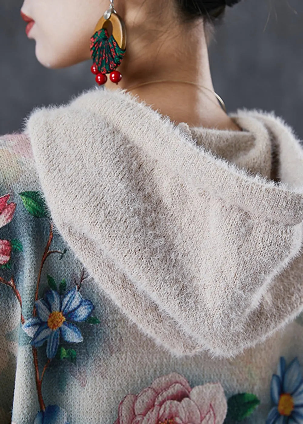 Diy Khaki Hooded Floral Mink Velvet Knitted Mid Dress Winter Ada Fashion