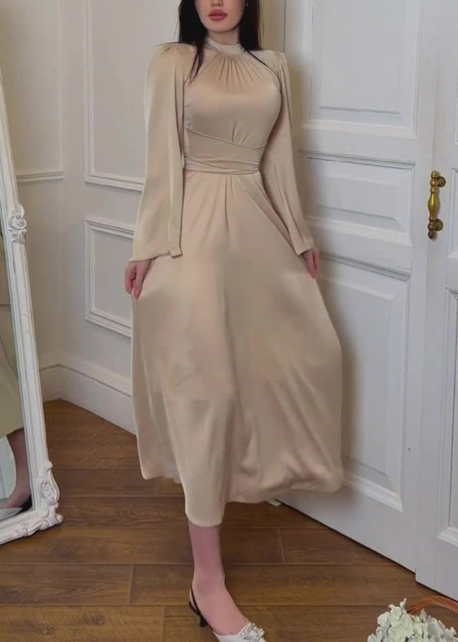 Robe élégante en soie abricot à col montant et lacets, automne WO058