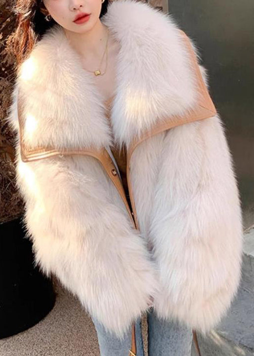 Elegante Beige Peter Pan Kragen Taste Leder Und Pelz Mäntel Frühling YW034