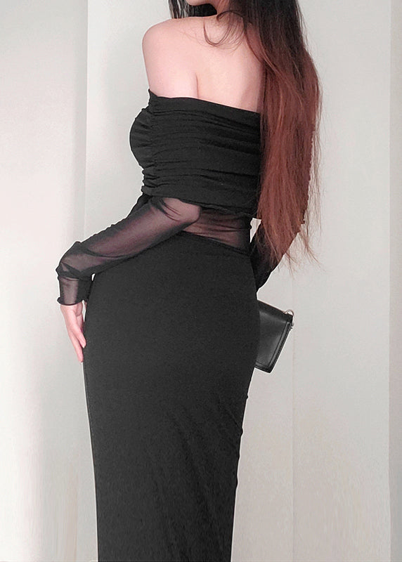 Robe longue noire élégante en tulle à col bateau et patchwork, printemps YT017