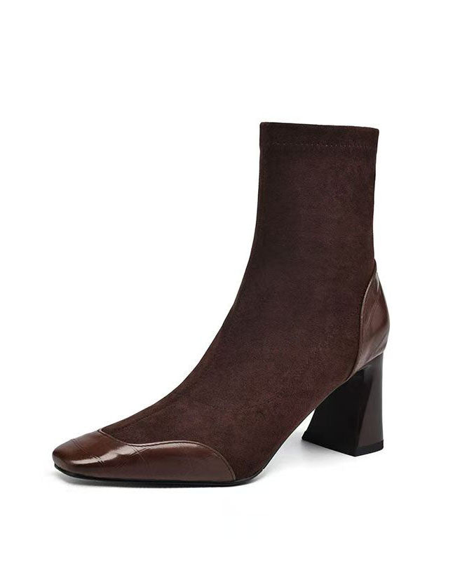 Elegant Heel Suede Chunky Brown Boots Splicing