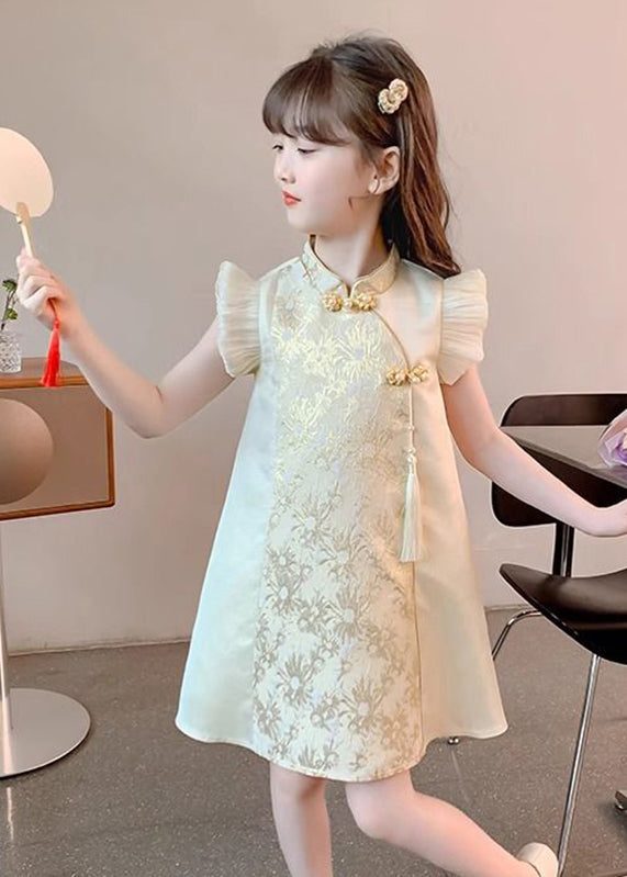 Maxi Vacation Girls Button Elegant Gold Stand Ruffled Collar