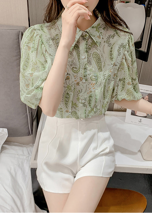 Chemise élégante en mousseline de soie verte à col Peter Pan et manches lanternes TZ015