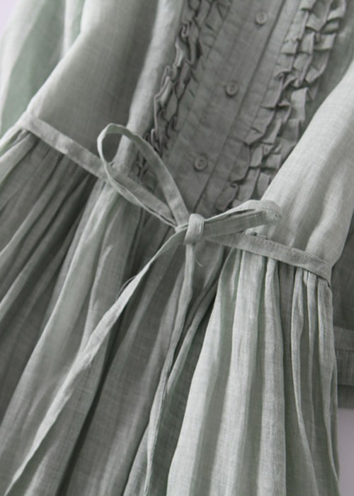 Robe longue élégante en coton vert à volants et boutons noués à la taille, manches mi-longues, QA030