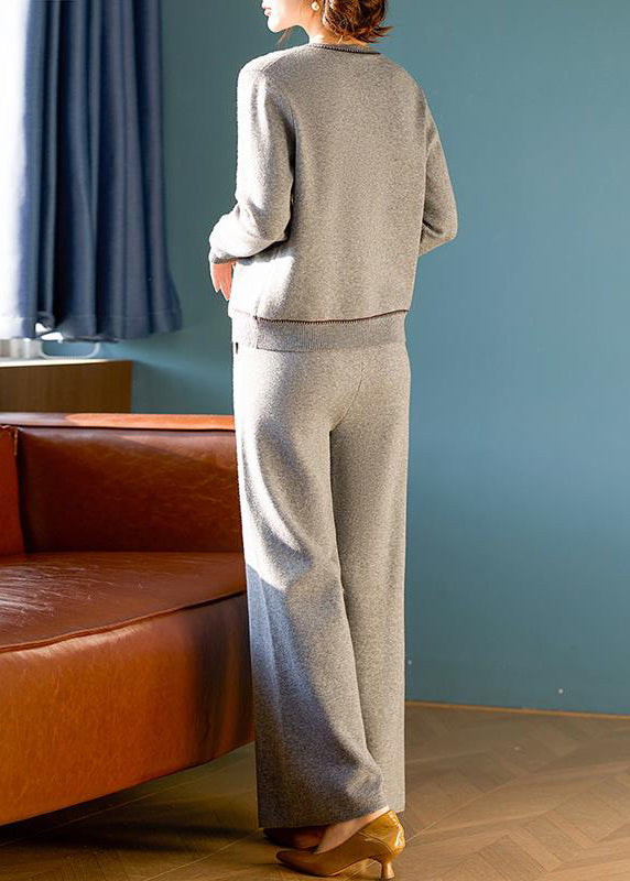 Elegantes graues O-Ausschnitt-Top und Hose aus Wolle, zweiteiliges Set, Frühling, TQ026