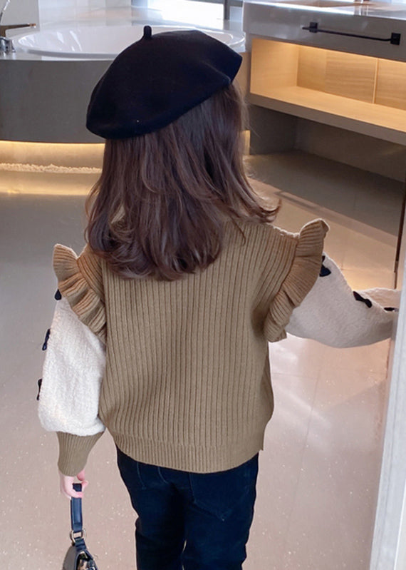 Elegante Khaki Rüschen Patchwork Bogen Baumwolle Stricken Kinder Pullover Winter WL046