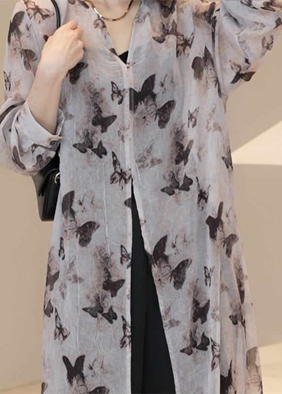 Eleganter Hellbrauner V-Ausschnitt Print Langer Cardigan Sommer UU1002