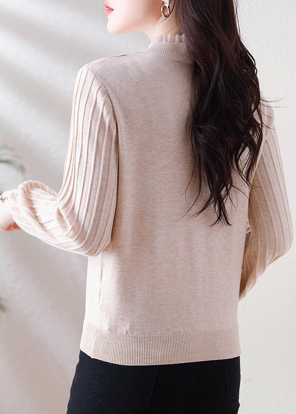 Elegant Oatmeal Ruffled Button Patchwork Woolen Sweater Spring TF026