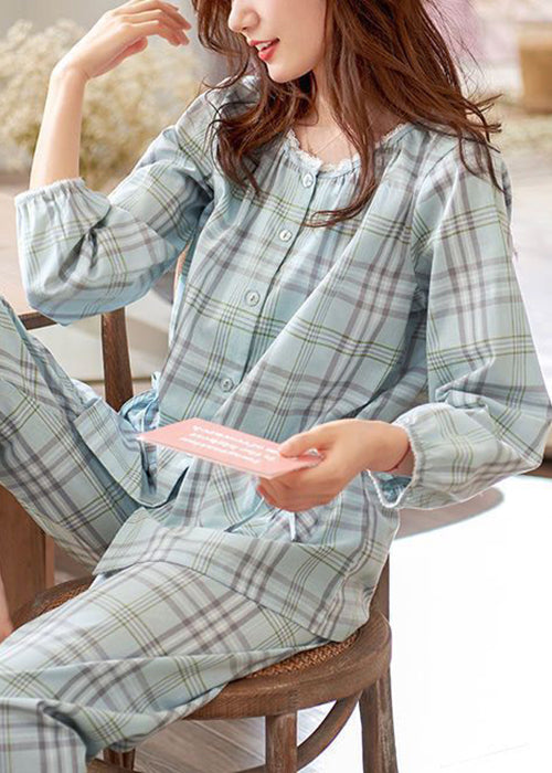 Elegant Set Bow Cotton Peter Plaid Two Pieces Collar Pan Pajamas