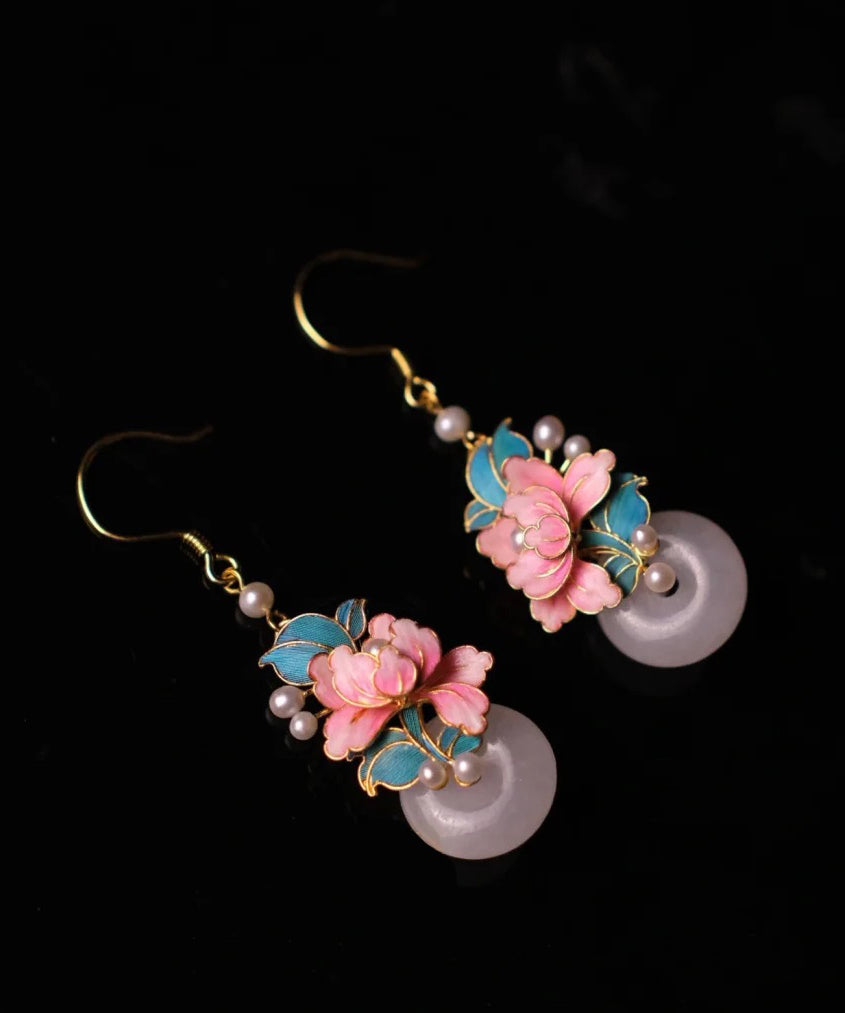 Elegante rosa Sterling Silber Overgild Emaille Ping Schnalle Perle Tropfen Ohrringe WQ006