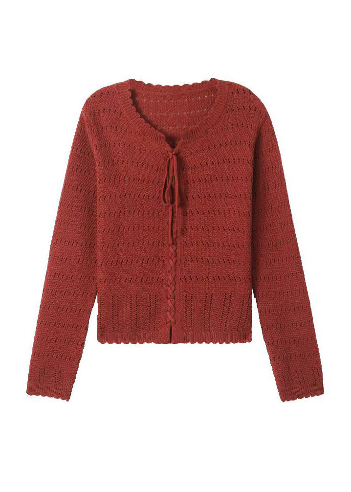 Elegantes rotes O-Ausschnitt-Strickhemd mit Schnürung, Herbst-Top QO056