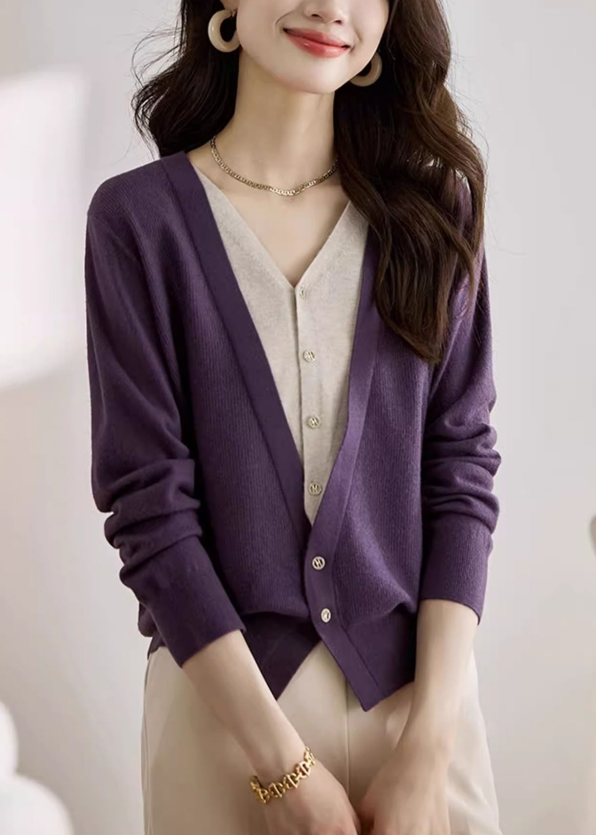 Eleganter roter V-Ausschnitt Patchwork Falscher Zweiteiler Strickmantel Frühling TZ030