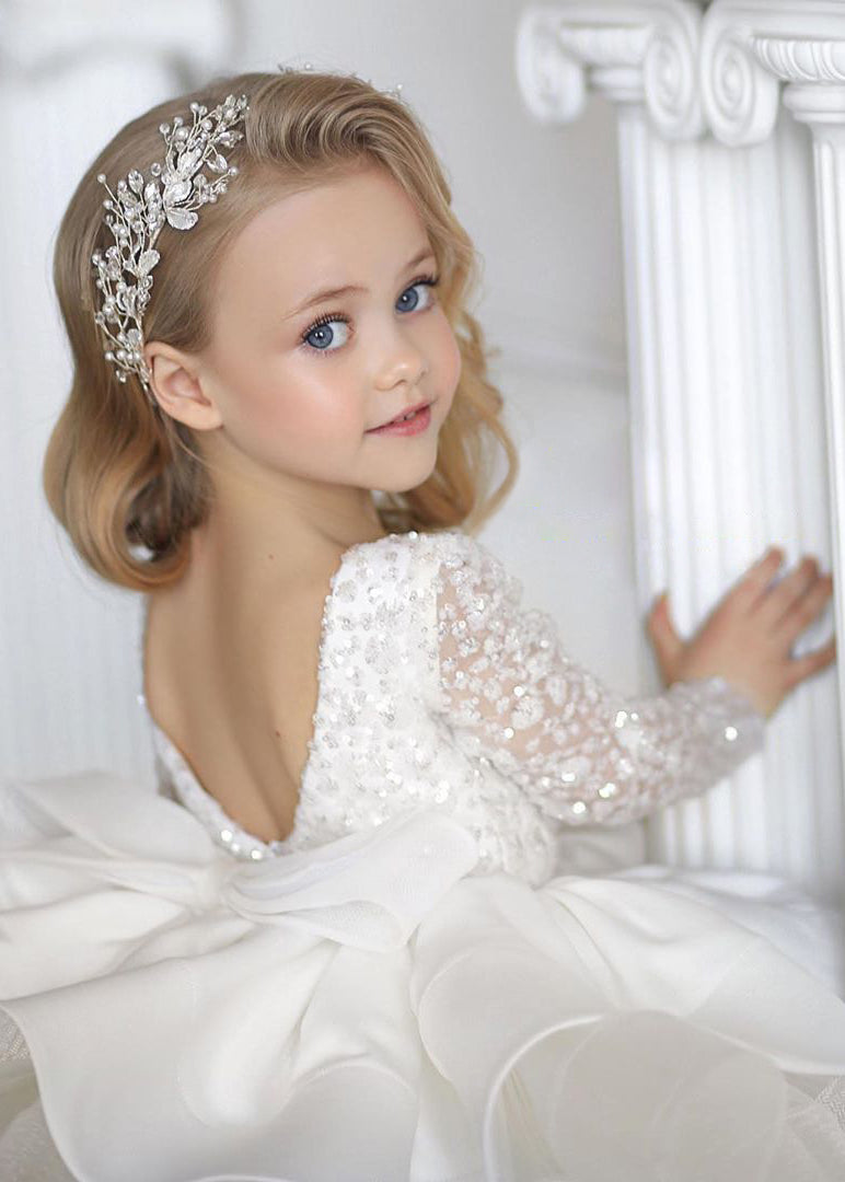 Robe mi-longue blanche élégante à dos nu et paillettes en tulle pour enfant, collection automne RP040
