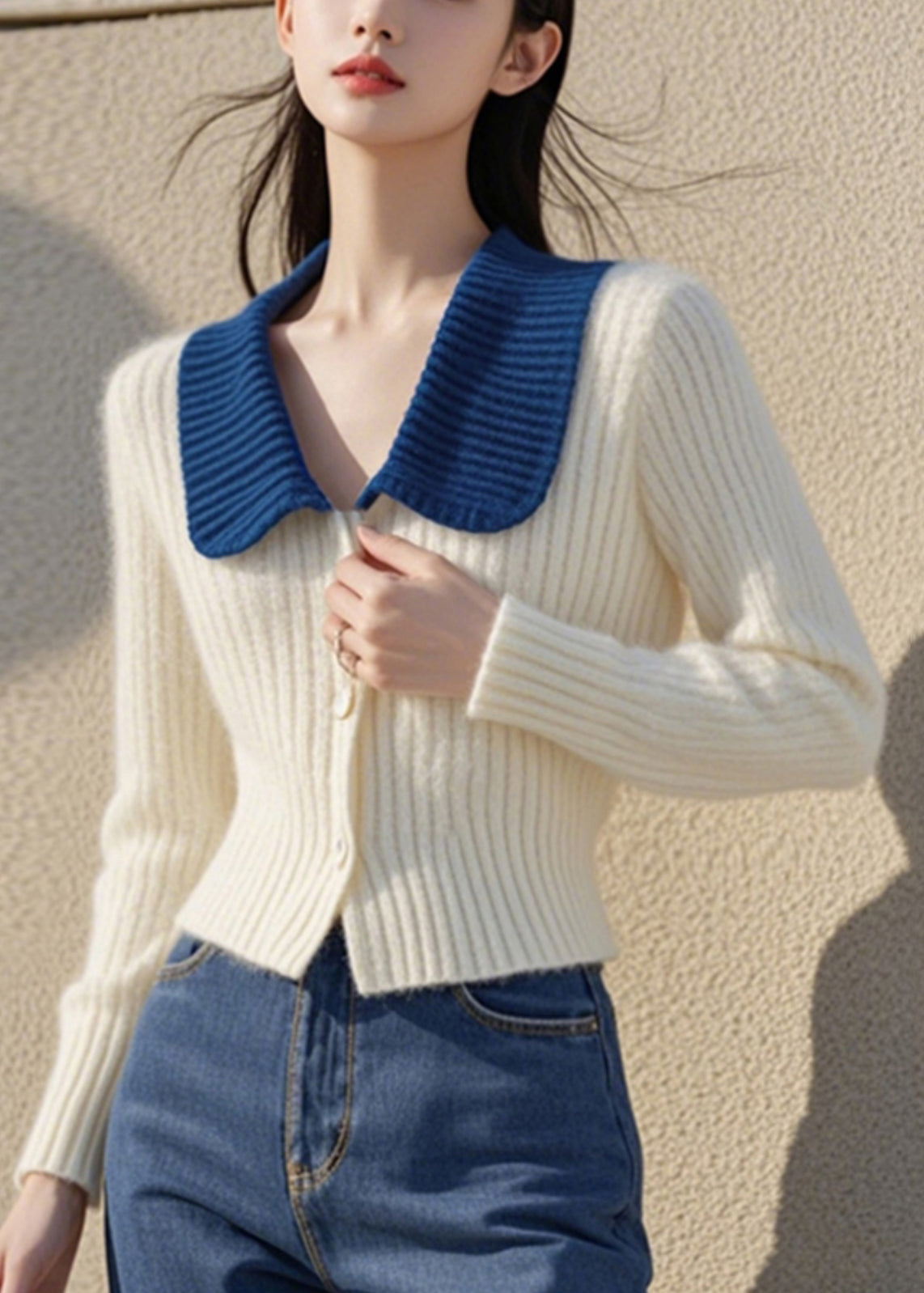 Cardigan élégant en tricot de coton blanc à col Peter Pan et boutons, printemps TO034