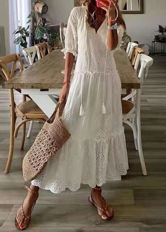Robe de soirée élégante en coton blanc à volants et découpes ajourées, été TZ026