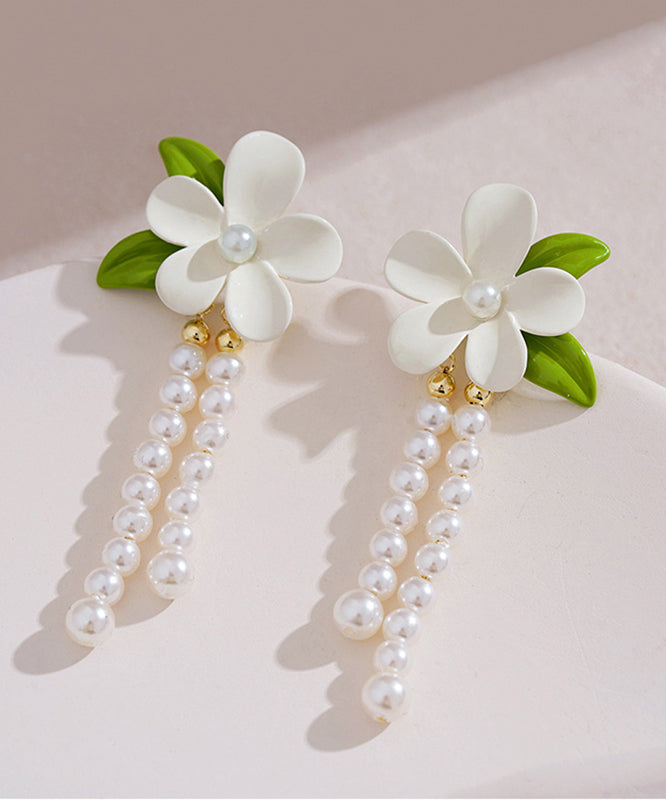 Silver Elegant Drop Floral White Pearl Tassel Alloy Sterling