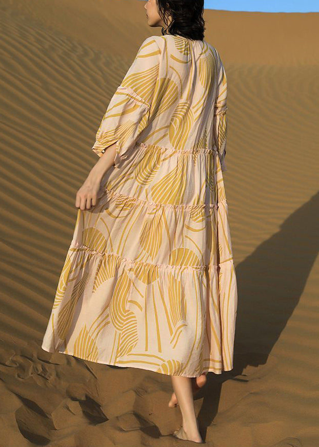 Robe longue en coton jaune à imprimé, à volants et demi-dentelle, élégante