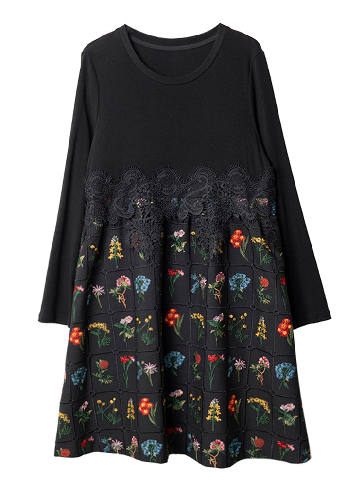 Robe patchwork en coton et dentelle brodée noire tendance, printemps RL024