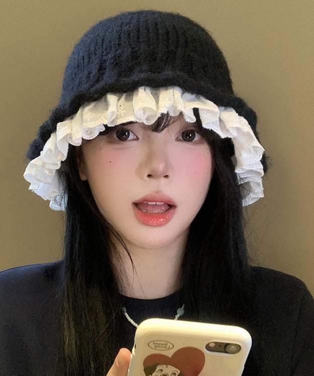 Mode Schwarz Spitze Patchwork Stricken Eimer Hut RS007