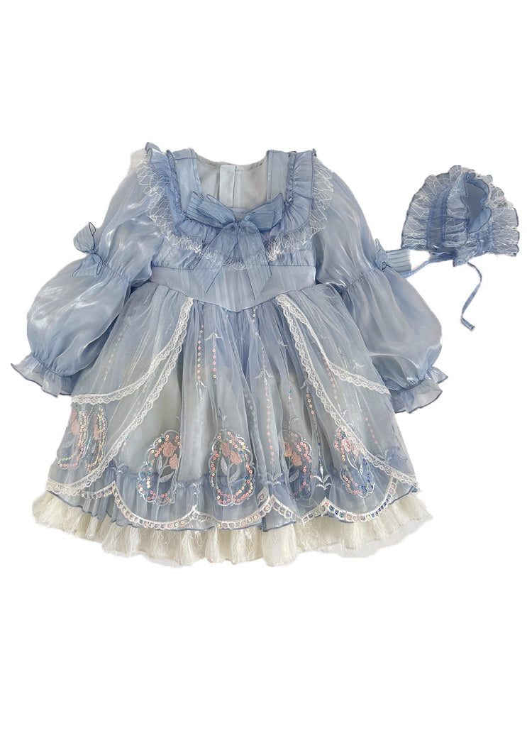 Robe longue de vacances en tulle brodée avec nœud bleu pour filles, manches bouffantes, RP049
