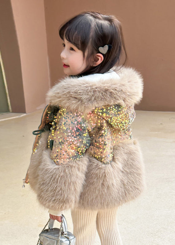 Manteau en cuir et fourrure marron tendance avec col en fourrure et paillettes pour enfants, sweat à capuche, hiver TG025