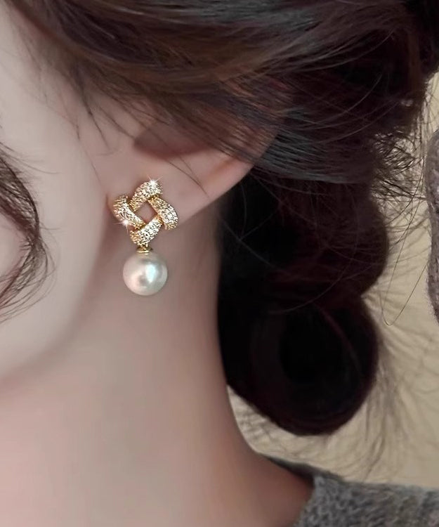 Square Silver Sterling Overgild Zircon Pearl Drop Fashion Gold