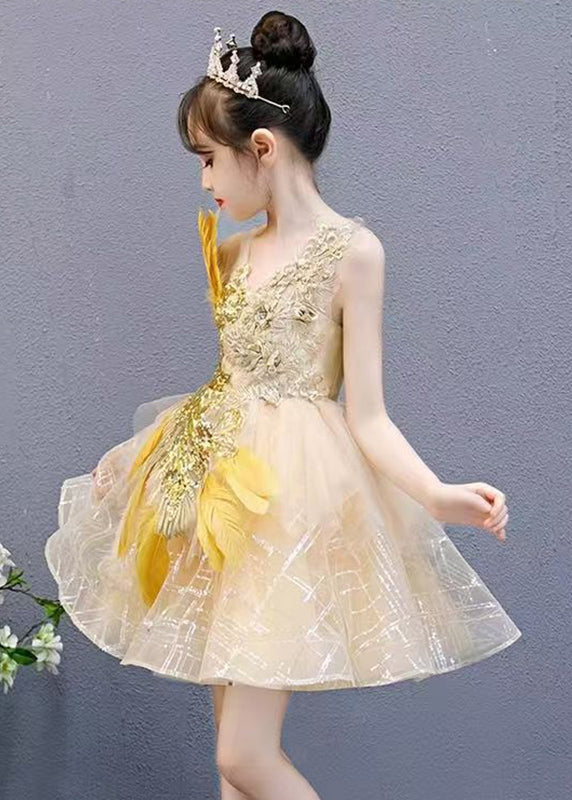 Robe mi-longue en tulle et dentelle à col en V pour fille, sans manches, style patchwork, dorée, QV006