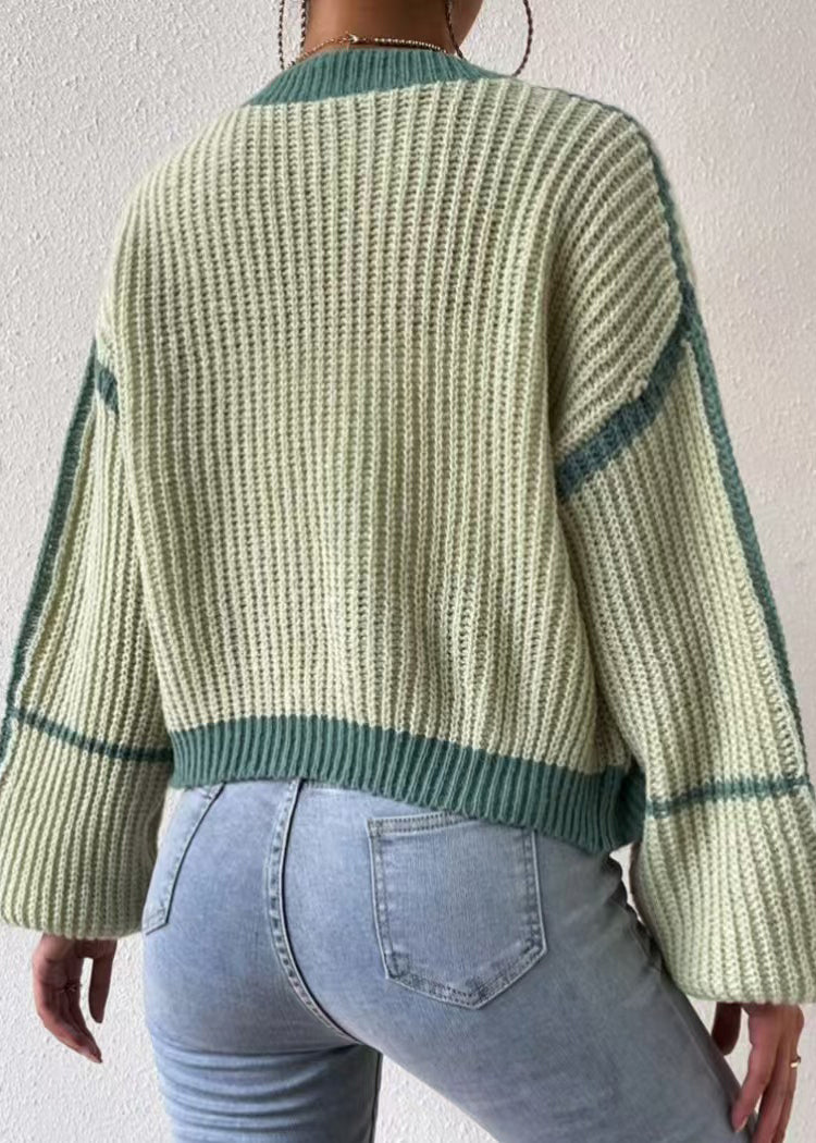 Mode Grün Gestreiften Strick Kurze Strickjacke Herbst QY013