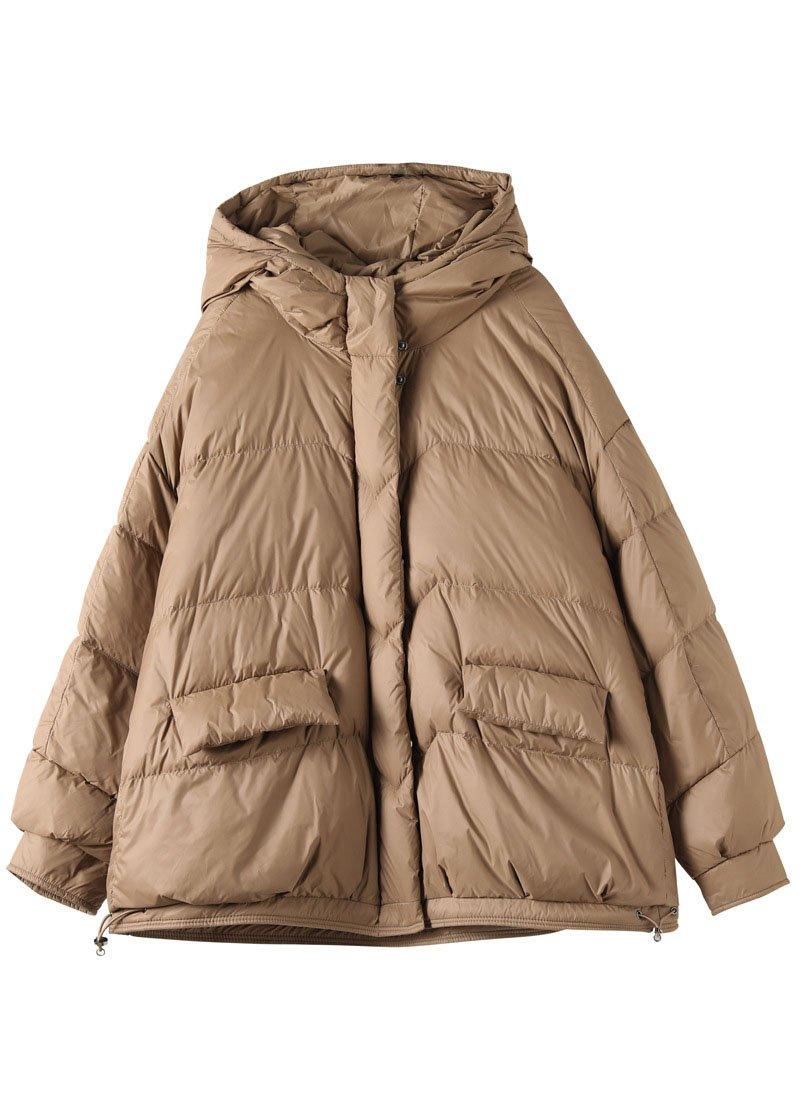Mode Khaki Kapuze Reißverschlusstaschen Winter Daunenmantel Langarm QS036