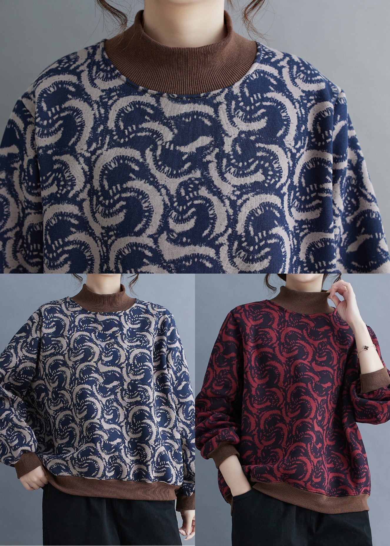 Fashion Mulberry Stand Collar Print Warm Fleece Pullover Streetwear Spring TM010