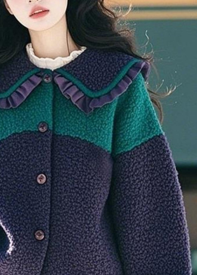 Manteau en fausse fourrure bleu marine à col Peter Pan et boutons à volants, printemps TN044