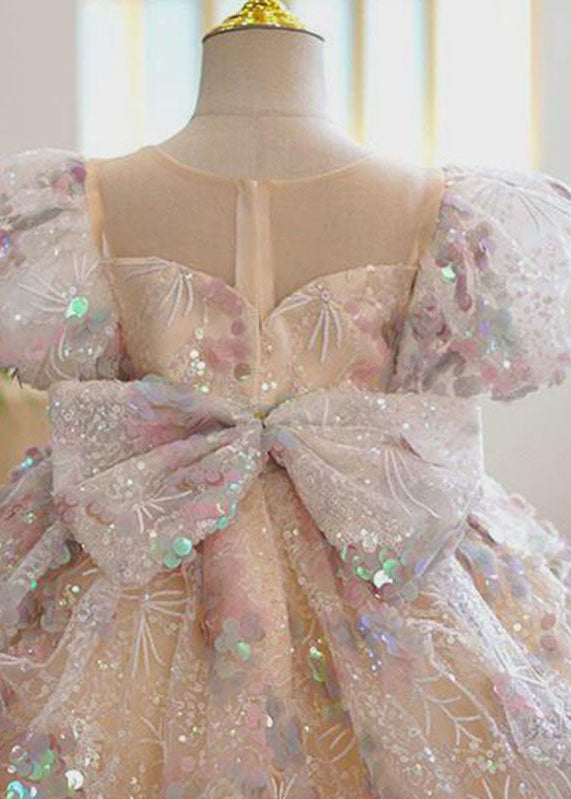 Fashion O-Neck Sequins Patchwork Tulle Kids Maxi Dress Summer YS018