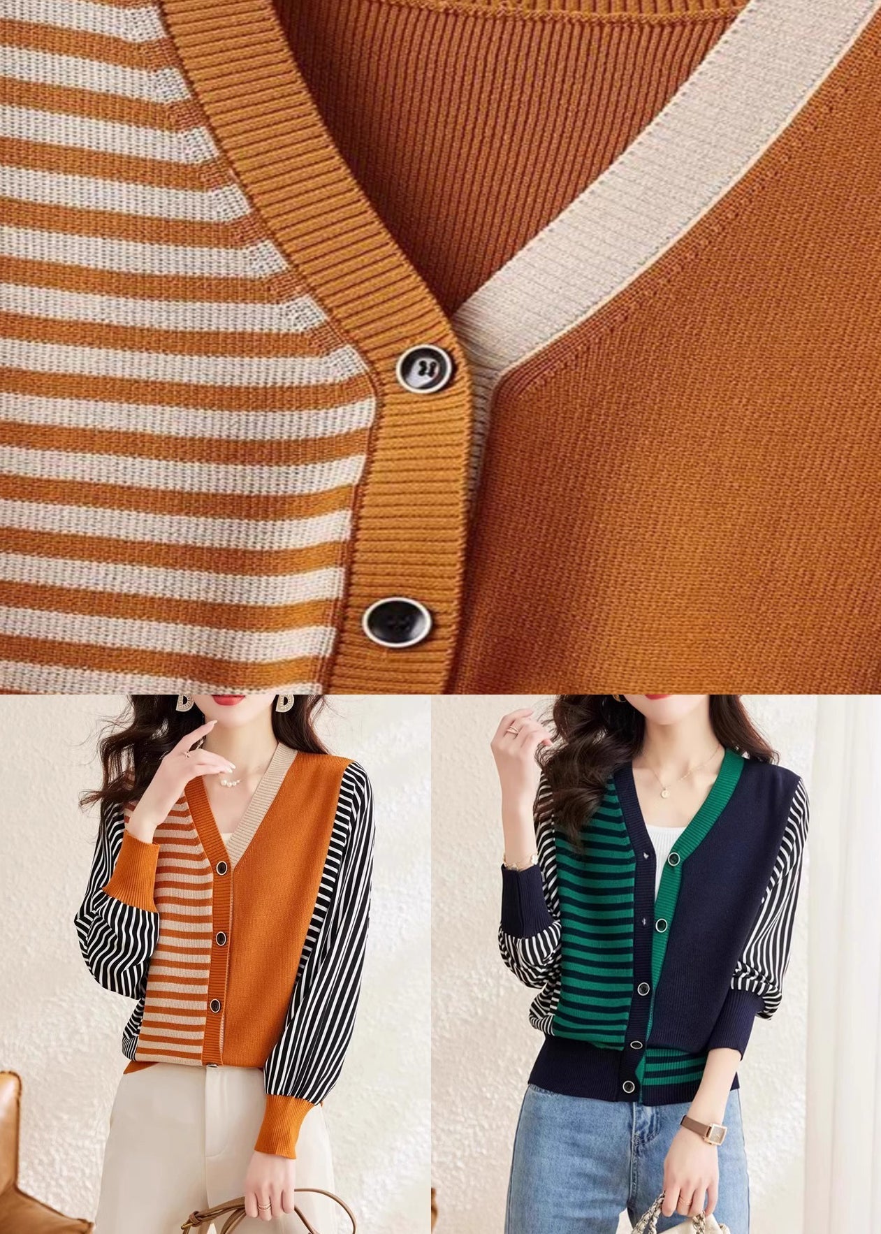 Pull en laine orange à col en V et boutons rayés, tendance, printemps TF045