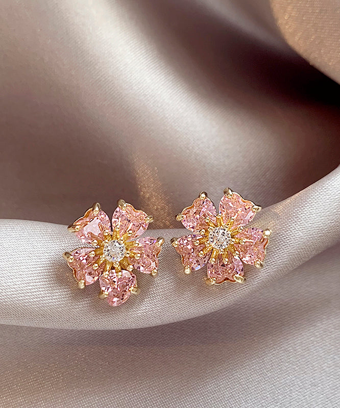 Boucles d'oreilles à tige en alliage de cuivre rose et zircon, motif floral, tendance, WH029
