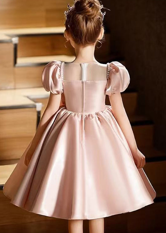 Robe mi-longue en soie rose à col rond et nœud pour fille, manches bouffantes, QV012