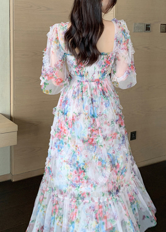 Fashion Pink Ruffled Patchwork Print Tulle Holiday Dress Summer XX064