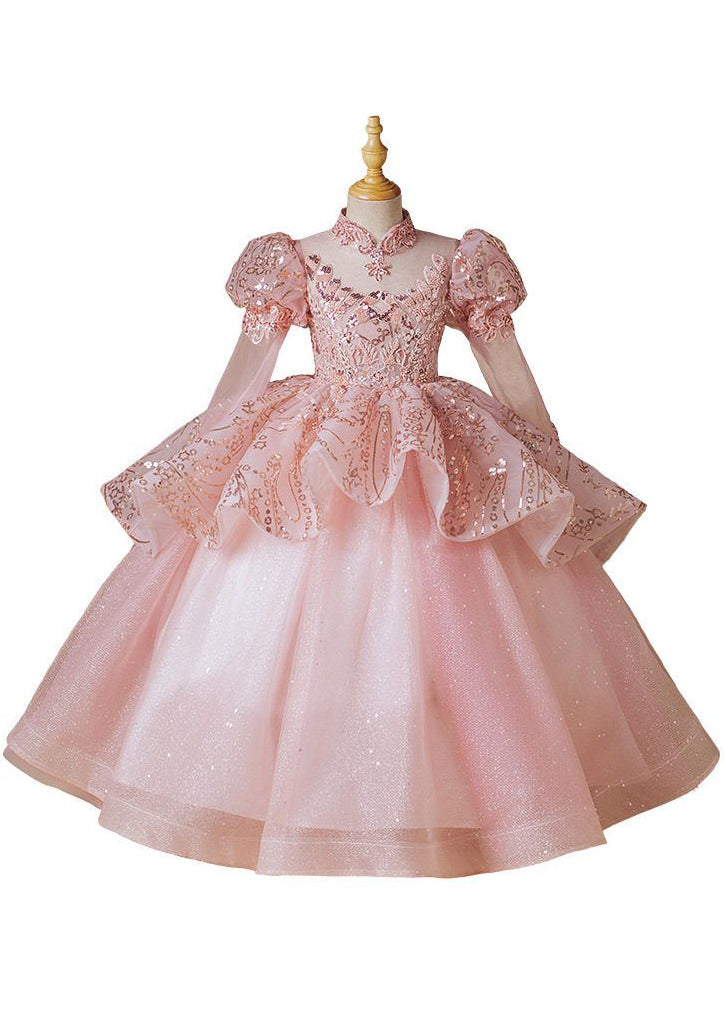 Robe longue rose à col montant et manches longues en tulle pour fille, style patchwork, YG010