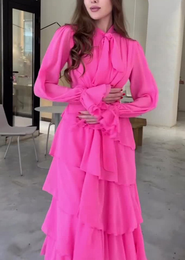 Mode Rose Bogen Rüschen Patchwork Chiffon Langes Kleid Herbst WO059