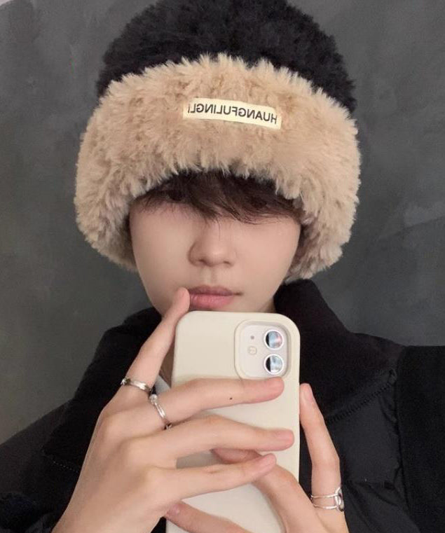 Feine schwarze Kunstpelz Patchwork Herren Strick Bonnie Mütze RJ021