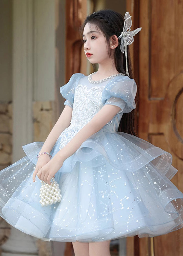 Robe longue d'été en tulle bleu avec nœud et perles pour filles QV008