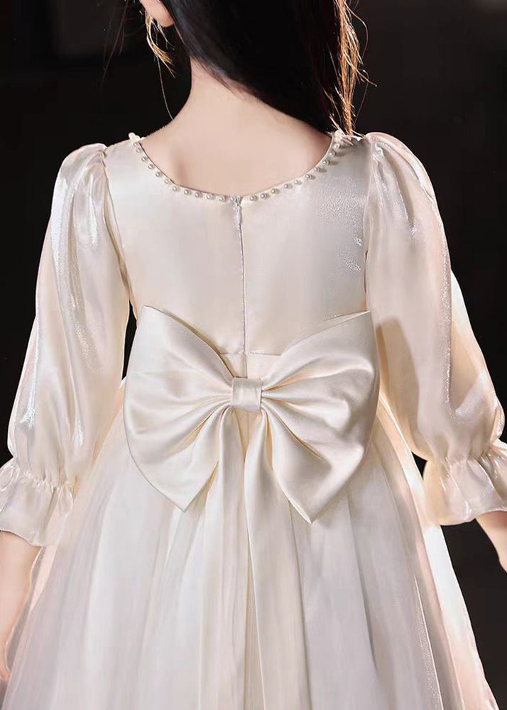 Robe longue en tulle à perles et col carré pour enfant, couleur champagne, manches bouffantes, QV004