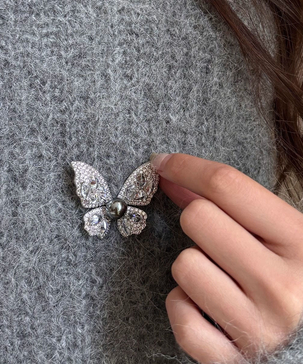Fine Grey Alloy Zircon Butterfly Pearl Brooches YD039