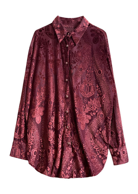 Chemises en velours de soie jacquard à col Peter Pan, couleur mûre, automne WE021